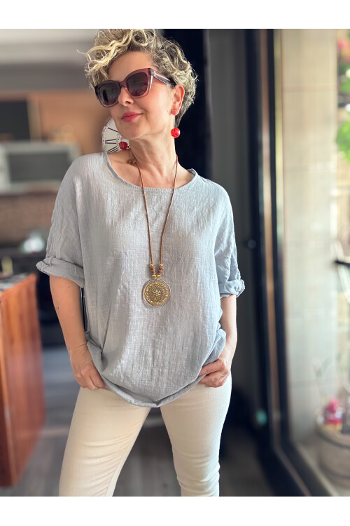 Fezza İthal Kolyeli Tasarım Bluz Açık Gri