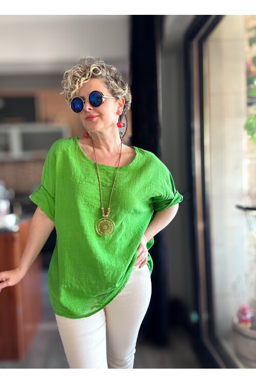 Fezza İthal Kolyeli Tasarım Bluz Apple Green