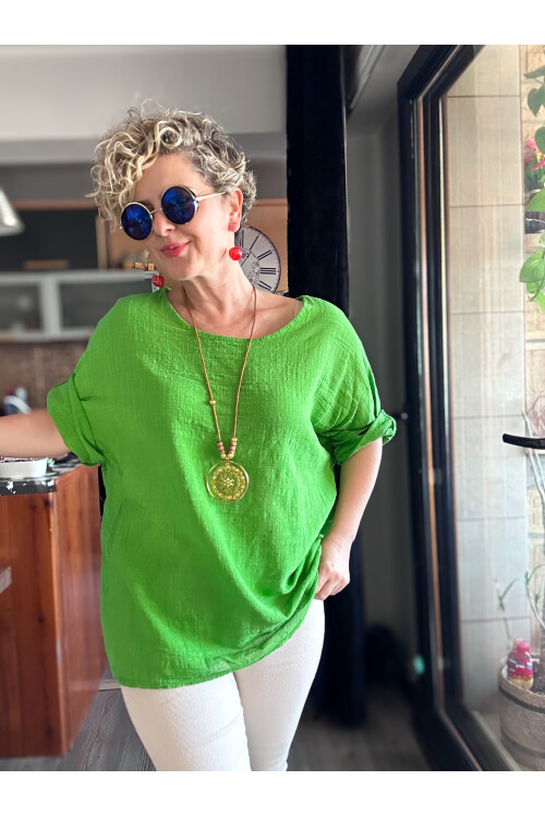 Fezza İthal Kolyeli Tasarım Bluz Apple Green