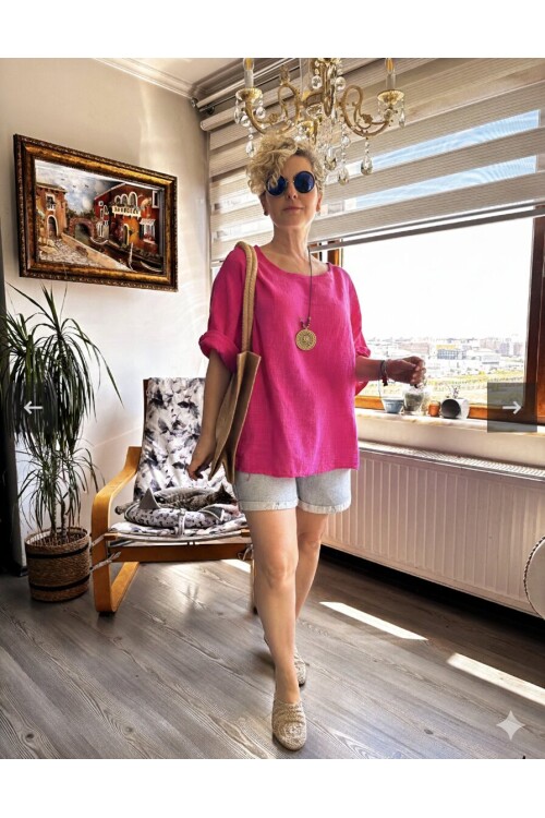 Fezza İthal Kolyeli Tasarım Bluz Fuşya