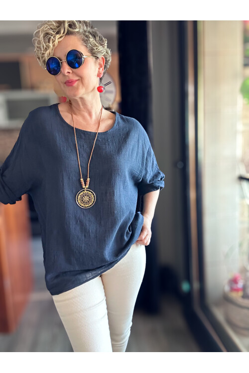 Fezza İthal Kolyeli Tasarım Bluz Lacivert