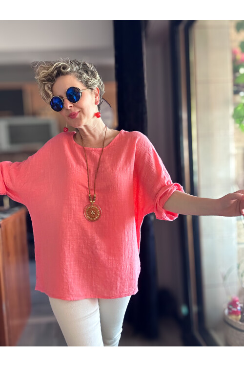 Fezza İthal Kolyeli Tasarım Bluz Mercan