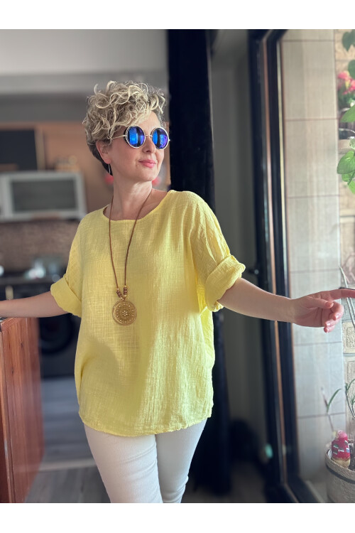 Fezza İthal Kolyeli Tasarım Bluz Sarı
