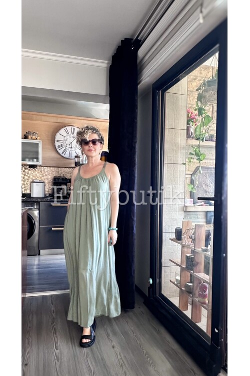 Fierro İtalyan Askılı Salaş Detay Elbise Haki Yeşil