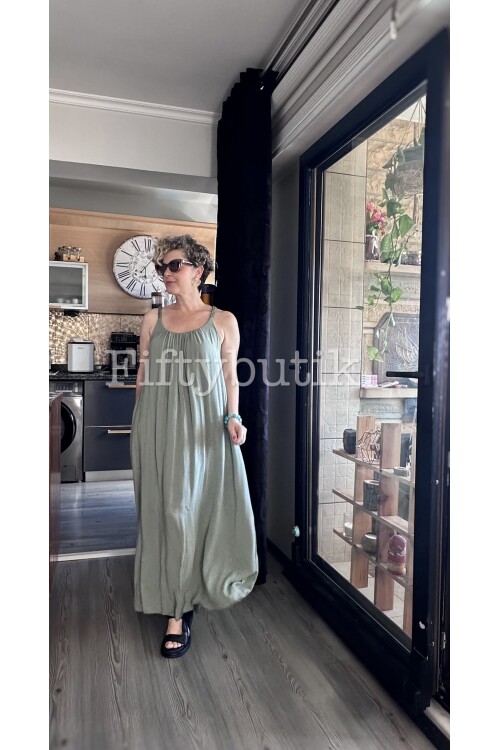 Fierro İtalyan Askılı Salaş Detay Elbise Haki Yeşil