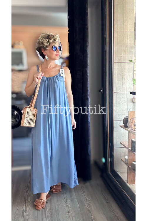 Fierro İtalyan Askılı Salaş Detay Elbise İndigo Mavi