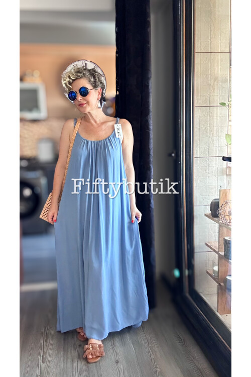 Fierro İtalyan Askılı Salaş Detay Elbise İndigo Mavi