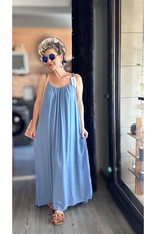 Fierro İtalyan Askılı Salaş Detay Elbise İndigo Mavi