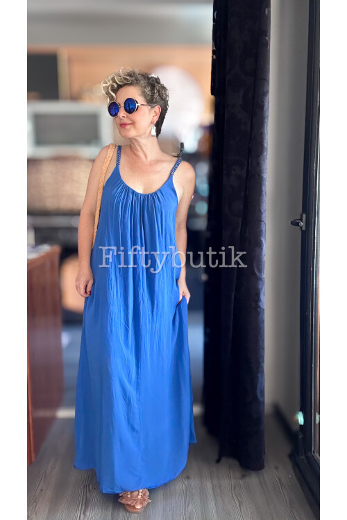 Fierro İtalyan Askılı Salaş Detay Elbise Saks Mavi