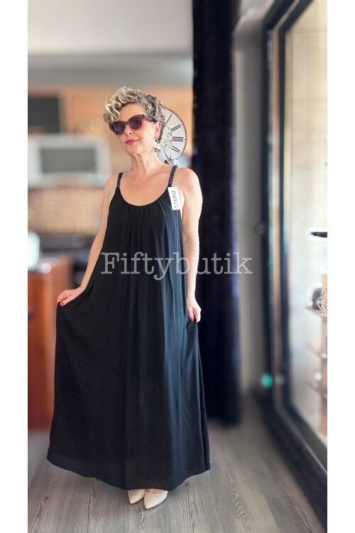 Fierro İtalyan Askılı Salaş Detay Elbise Siyah