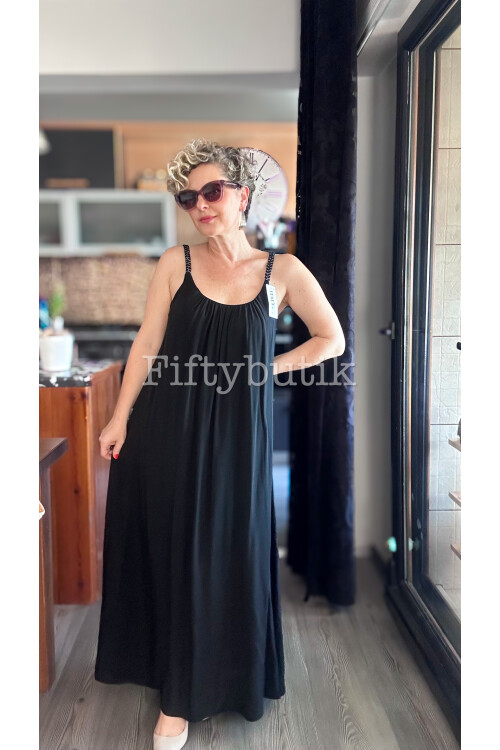 Fierro İtalyan Askılı Salaş Detay Elbise Siyah