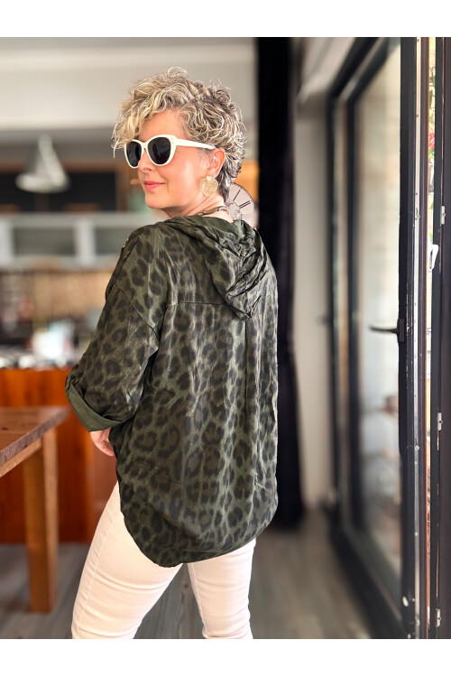 Figgo İtalyan Leopar Desen Yaldızlı Kap Haki Yeşil