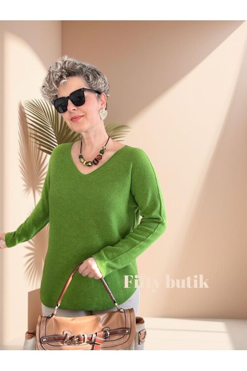 Fikka İtalyan V Yaka Angora Oval Triko Açık Yeşil