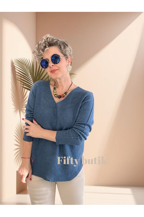 Fikka İtalyan V Yaka Angora Oval Triko İndigo Mavi