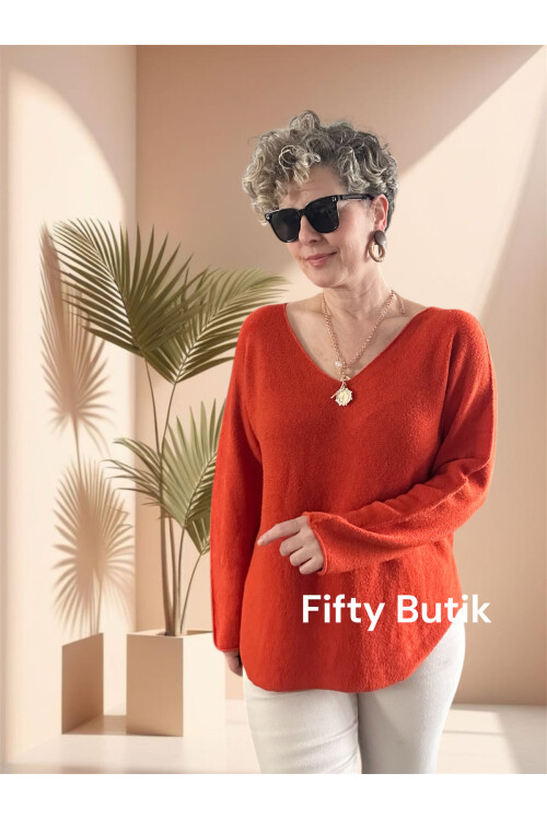 Fikka İtalyan V Yaka Angora Oval Triko Kiremit