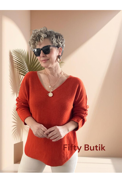 Fikka İtalyan V Yaka Angora Oval Triko Kiremit