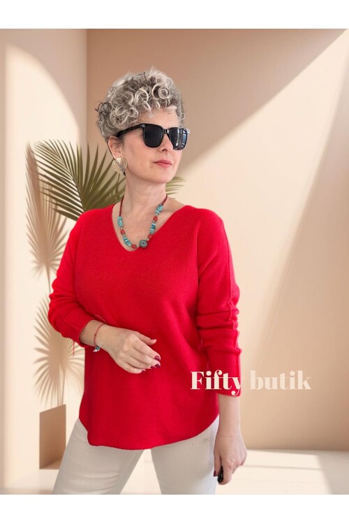 Fikka İtalyan V Yaka Angora Oval Triko Nar Çiçeği