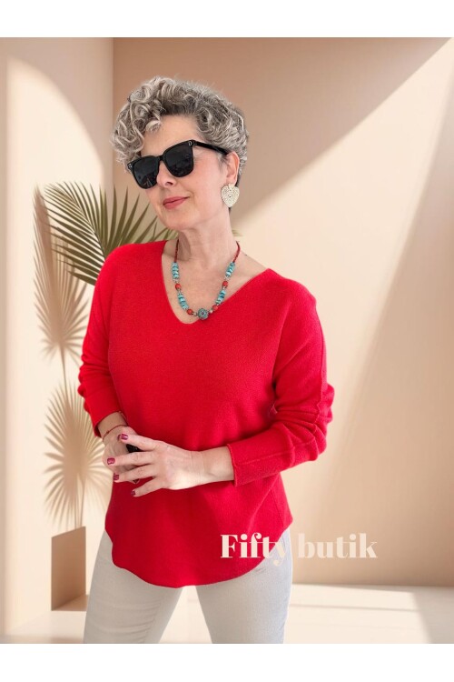 Fikka İtalyan V Yaka Angora Oval Triko Nar Çiçeği