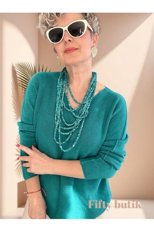 Fikka İtalyan V Yaka Angora Oval Triko Turkuaz