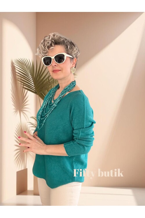 Fikka İtalyan V Yaka Angora Oval Triko Turkuaz