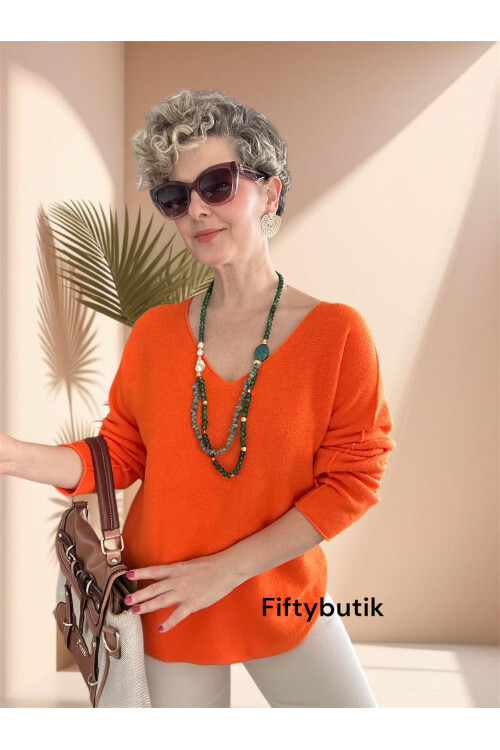 Fikka İtalyan V Yaka Angora Oval Triko Turuncu