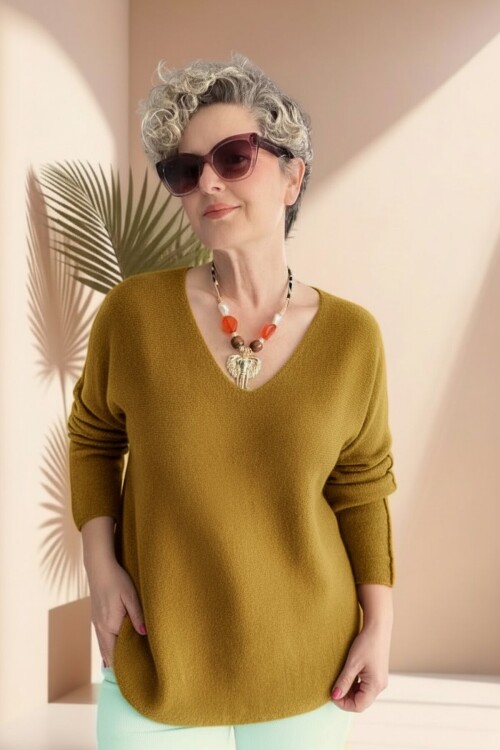 Fikka İtalyan V Yaka Oval Triko Hardal