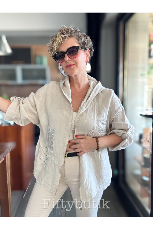 Gatto İtalyan Vip Kapşon Taş Payetli Ceket Beige