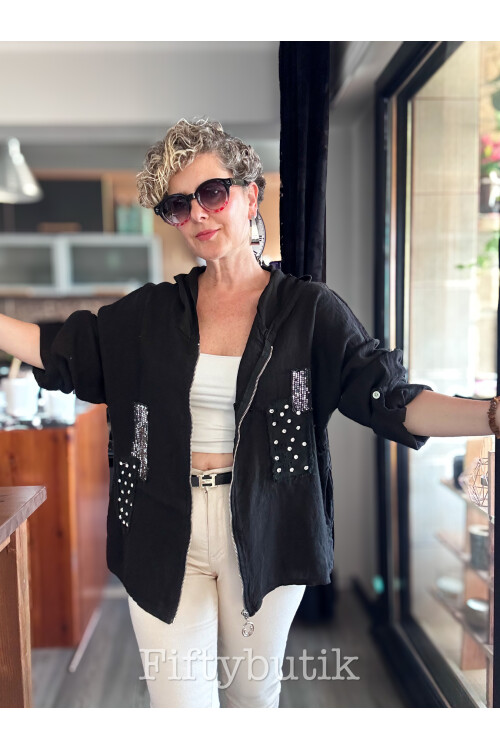 Gatto İtalyan Vip Kapşon Taş Payetli Ceket Siyah