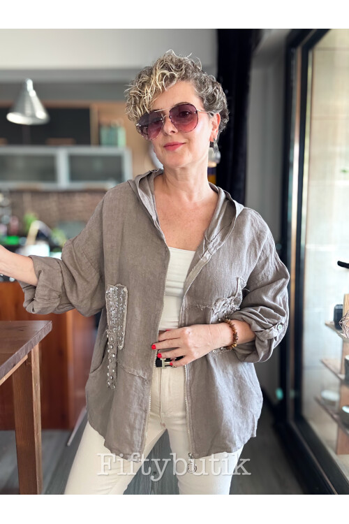 Gatto İtalyan Vip Kapşon Taş Payetli Ceket Vizon