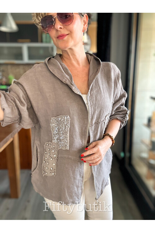 Gatto İtalyan Vip Kapşon Taş Payetli Ceket Vizon