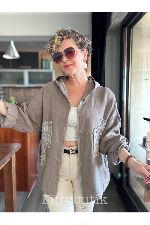 Gatto İtalyan Vip Kapşon Taş Payetli Ceket Vizon