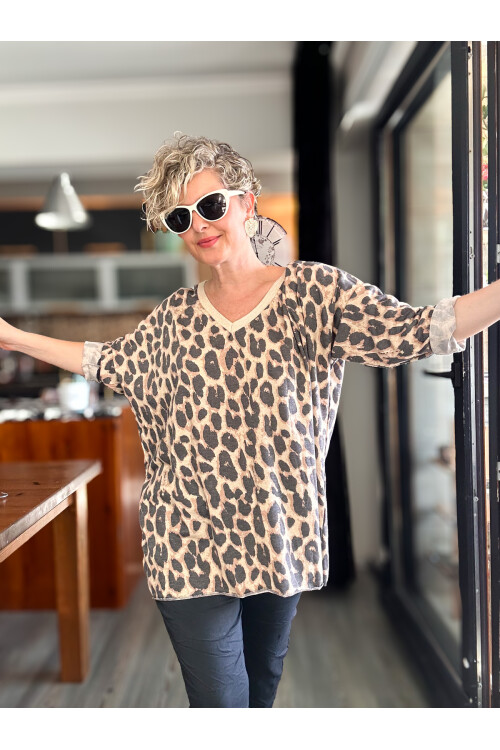 Hanna İtalyan Leopar Desen Simli Bluz Bej