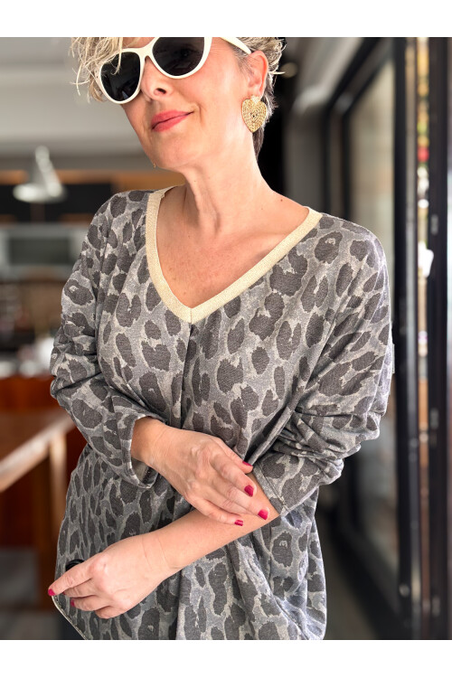 Hanna İtalyan Leopar Desen Simli Bluz Gri