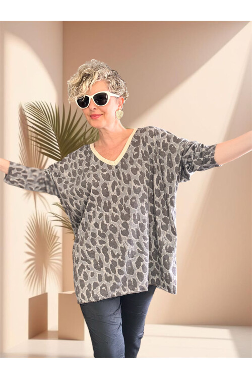 Hanna İtalyan Leopar Desen Simli Bluz Gri