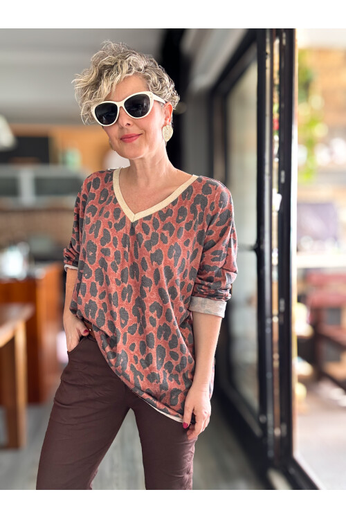Hanna İtalyan Leopar Desen Simli Bluz Kiremit
