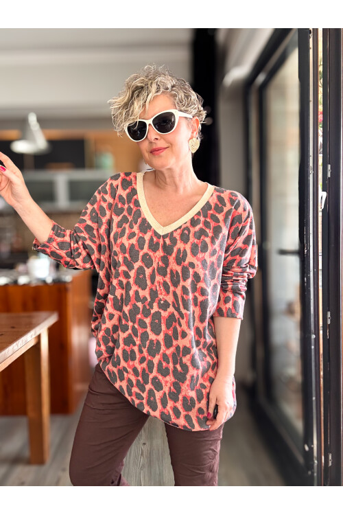 Hanna İtalyan Leopar Desen Simli Bluz Nar Çiçeği