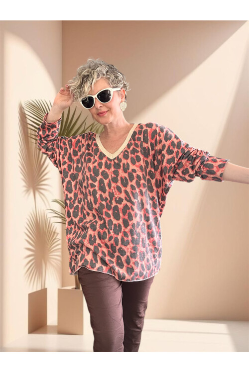 Hanna İtalyan Leopar Desen Simli Bluz Nar Çiçeği