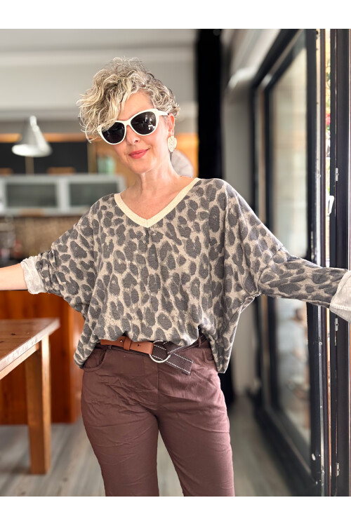 Hanna İtalyan Leopar Desen Simli Bluz Vizon