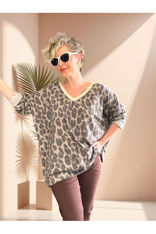 Hanna İtalyan Leopar Desen Simli Bluz Vizon