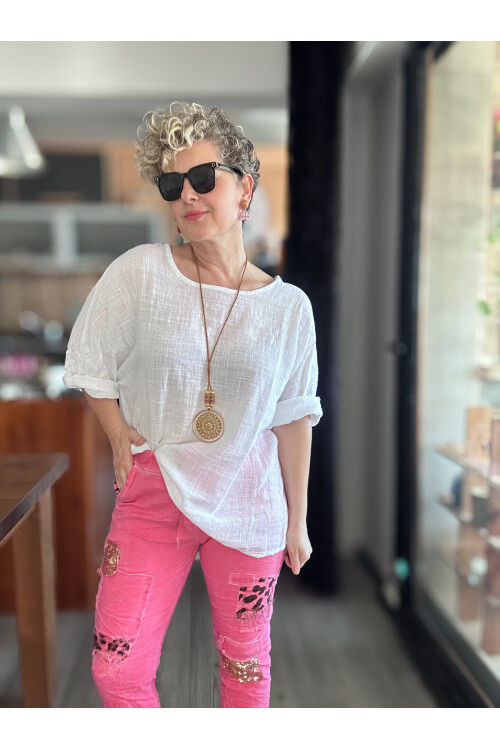 İtaliana Leopar Desen Pul Detaylı Sihirli Pantolon Fusya