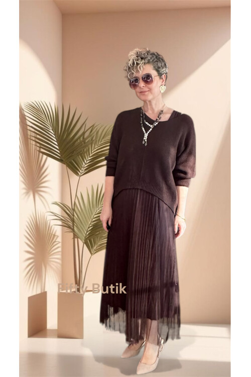 Janine İtalyan Merserize Bluz Takım Elbise Kahverengi