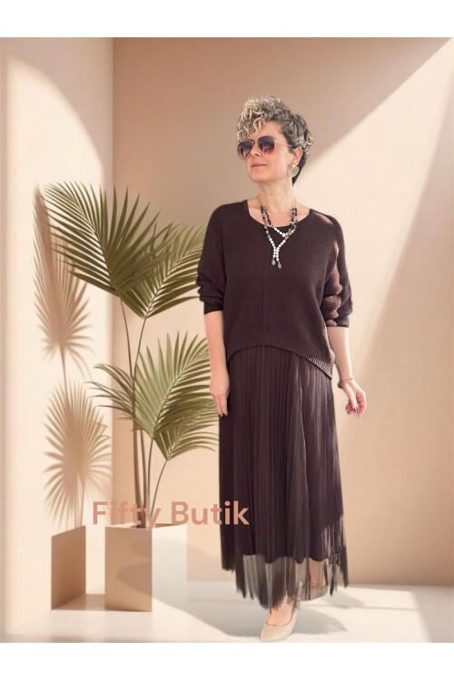 Janine İtalyan Merserize Bluz Takım Elbise Kahverengi