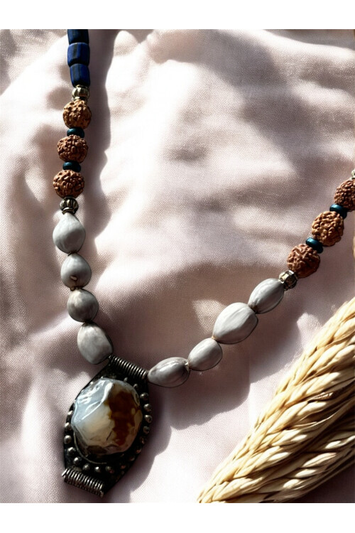 Julı Doğal Taş Pirinç Cam Etnik Kolye
