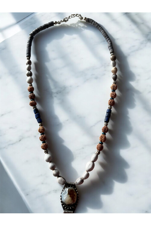 Julı Doğal Taş Pirinç Cam Etnik Kolye