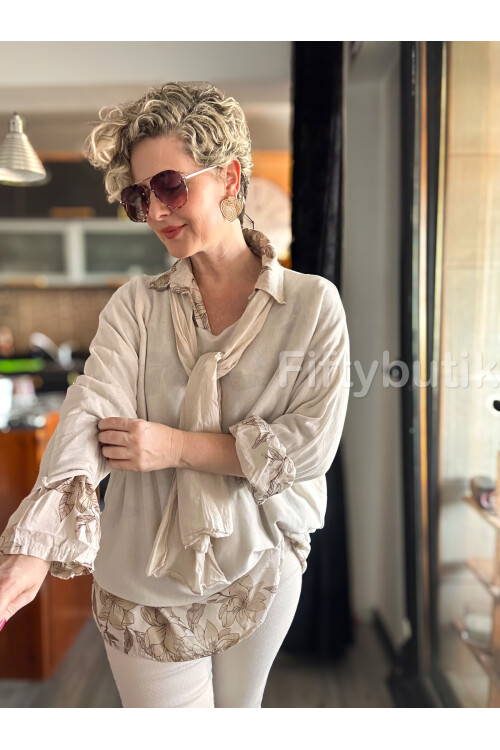 Julli İtalyan Gömlekli Bluz Triko Takım Bej