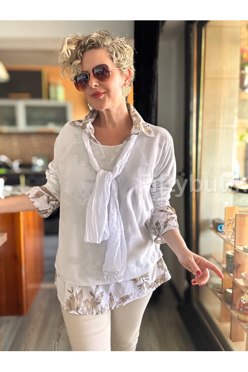 Julli İtalyan Gömlekli Bluz Triko Takım Beyaz