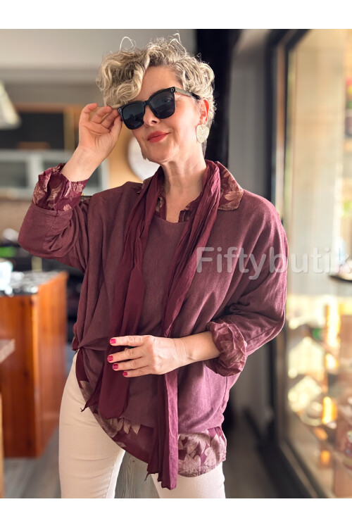 Julli İtalyan Gömlekli Bluz Triko Takım Bordo