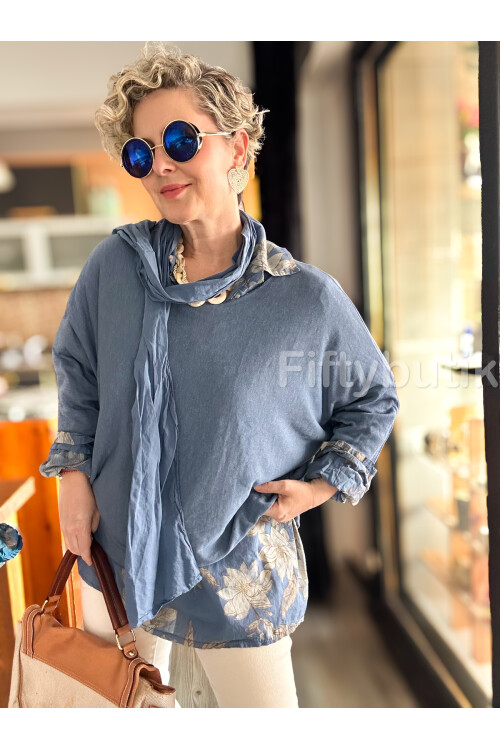 Julli İtalyan Gömlekli Bluz Triko Takım İndigo Mavi