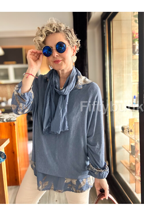 Julli İtalyan Gömlekli Bluz Triko Takım İndigo Mavi