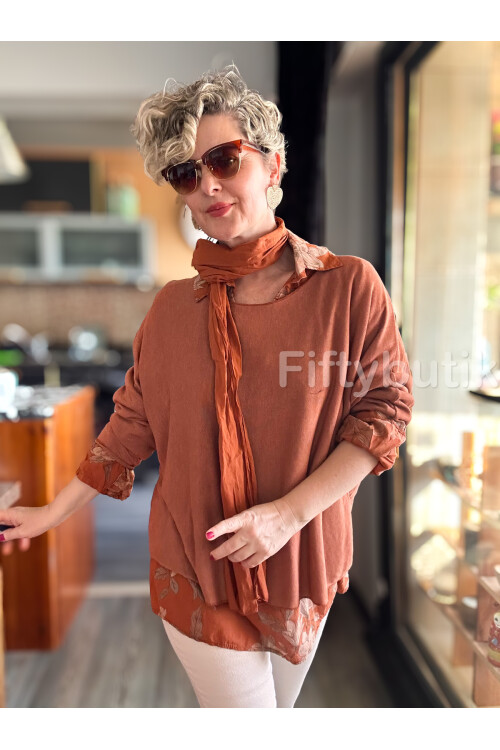 Julli İtalyan Gömlekli Bluz Triko Takım Kiremit